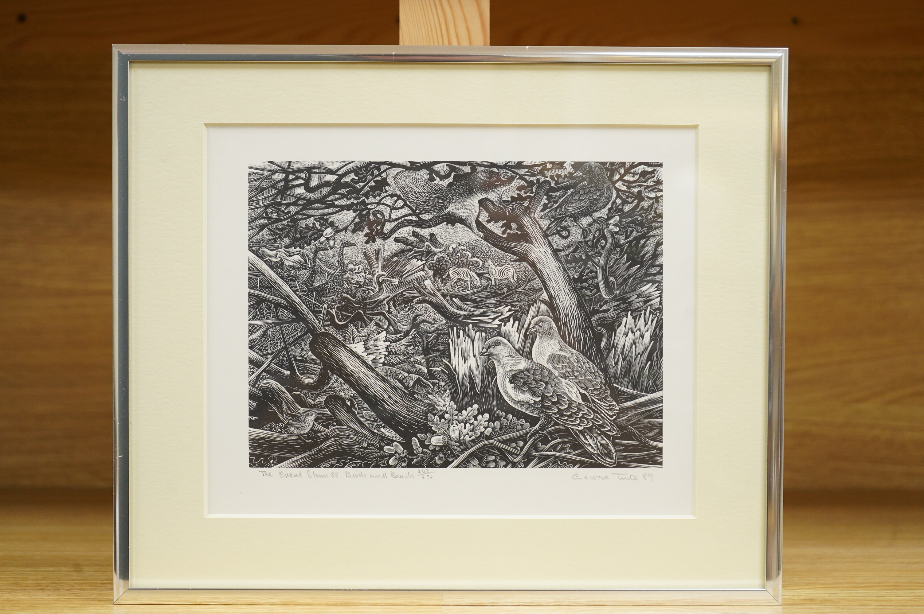 George Tute (b.1933), 'Birds and Beasts' signed, dated '89 and limited edition 242/250, woodcut, together with Peter Smith, Fallen Tree, signed in pencil, limited edition 242/250, woodcut, 22 x 15.5cm